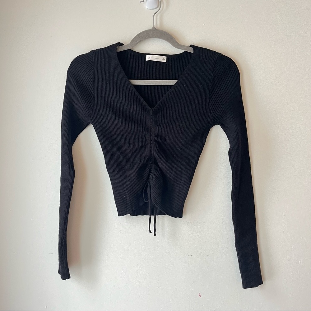 Active USA Black Ribbed Ruched Front Long Sleeve Top S Stretchy Y2K Cute